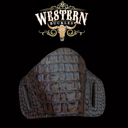 Brown crocodile pattern leather western gun holster on black background with western motif logo.