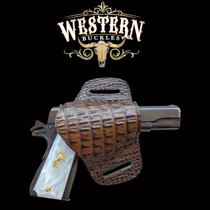 Custom Colt 1911 with white pearl grips in brown crocodile leather holster, Western style.