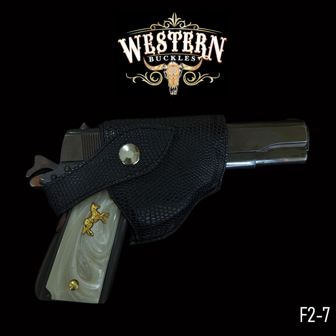 Snake-textured black synthetic leather western gun holster with snap flap