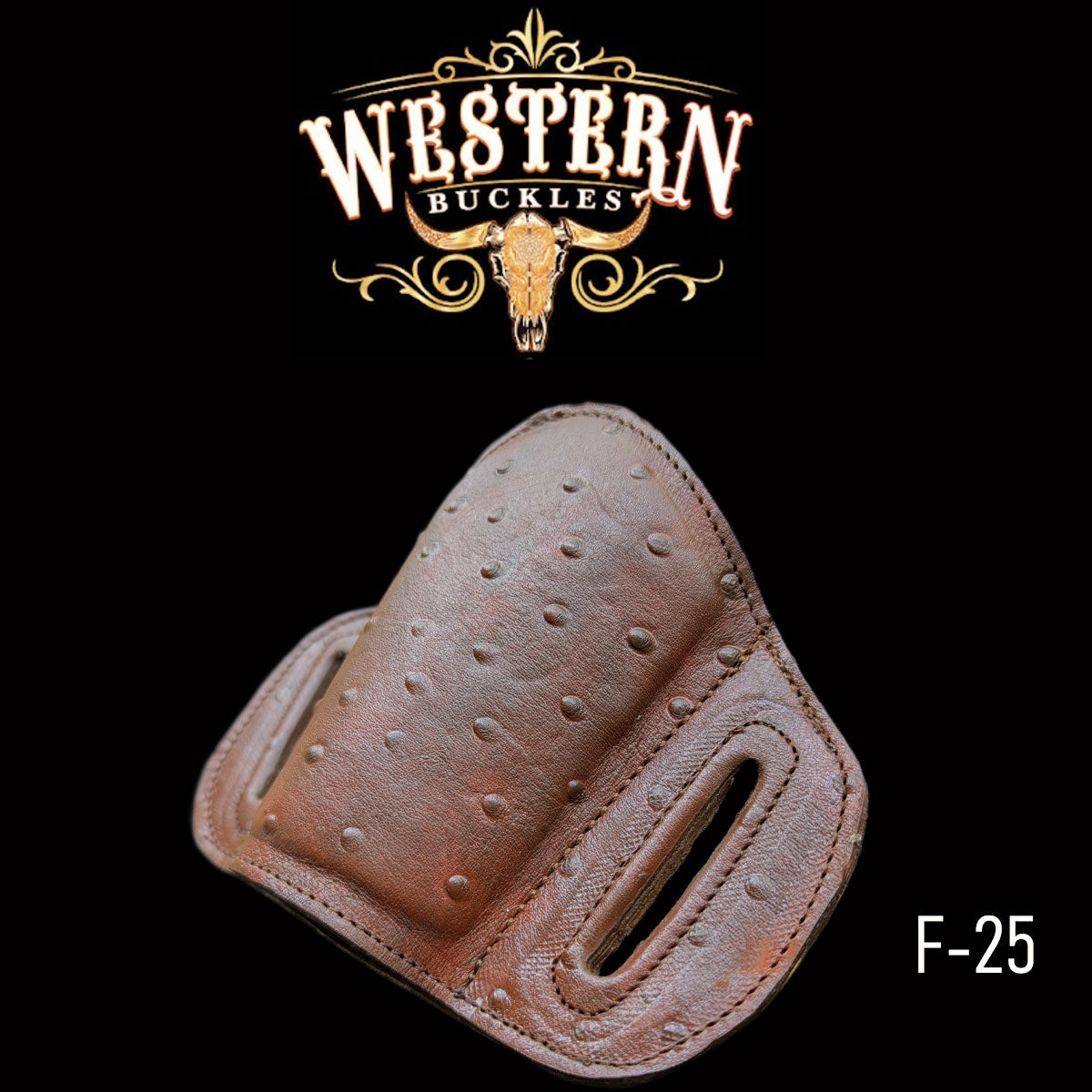 Reddish synthetic leather gun holster with Western style texture and belt loops, F-25 model.