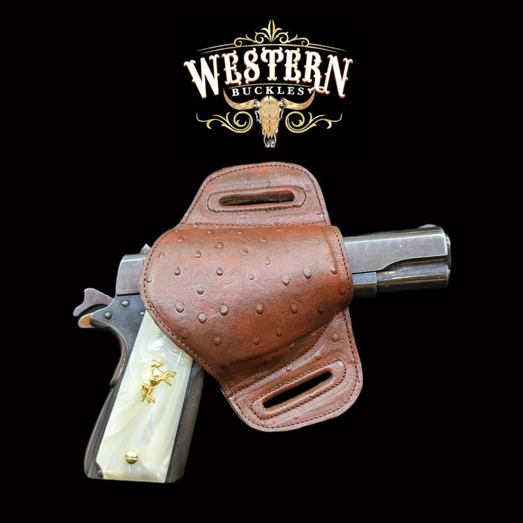 Colt 1911 pistol with custom pearl grip in brown leather holster, Western style accessories.