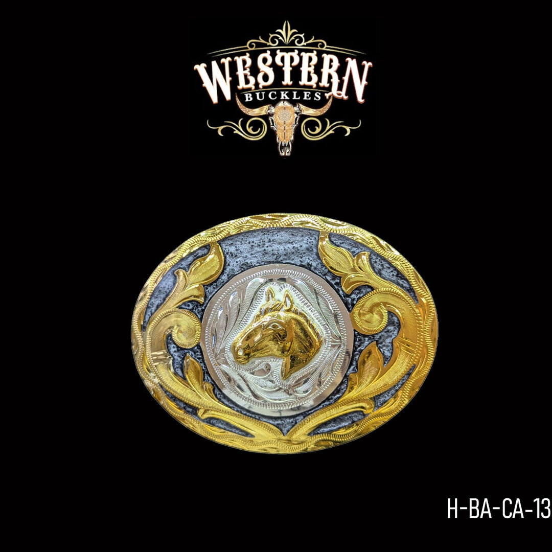 Western Belt Oval Horse In Gold and Gray Resin Buckles
