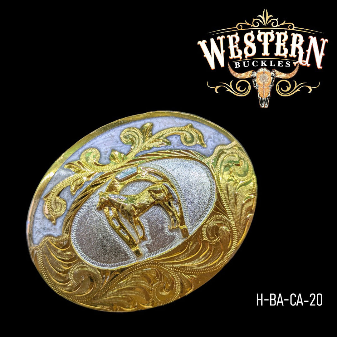 Western Belt Oval Horse In Gold and Gray Resin Buckles