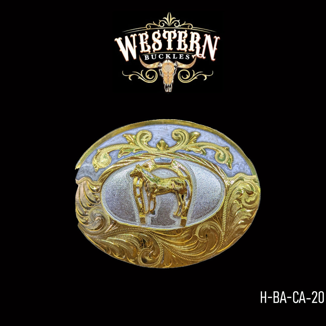 Western Belt Oval Horse In Gold and Gray Resin Buckles