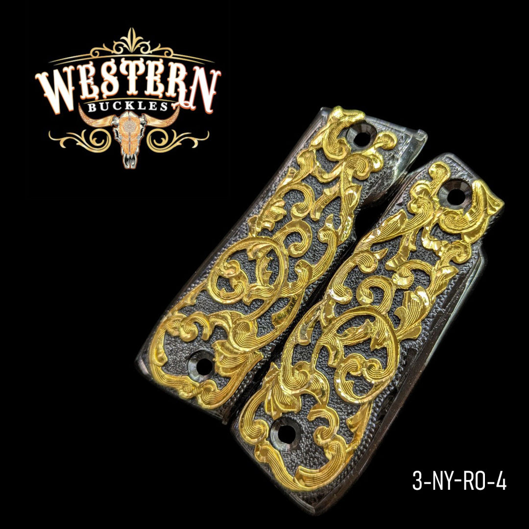 Hand-Engraved Custom Grips for the Colt Mustang .380 Plus — 24K Gold-Plated &amp; Black Nickel