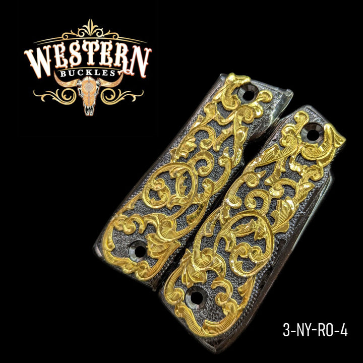 Hand-Engraved Custom Grips for the Colt Mustang .380 Plus — 24K Gold-Plated &amp; Black Nickel