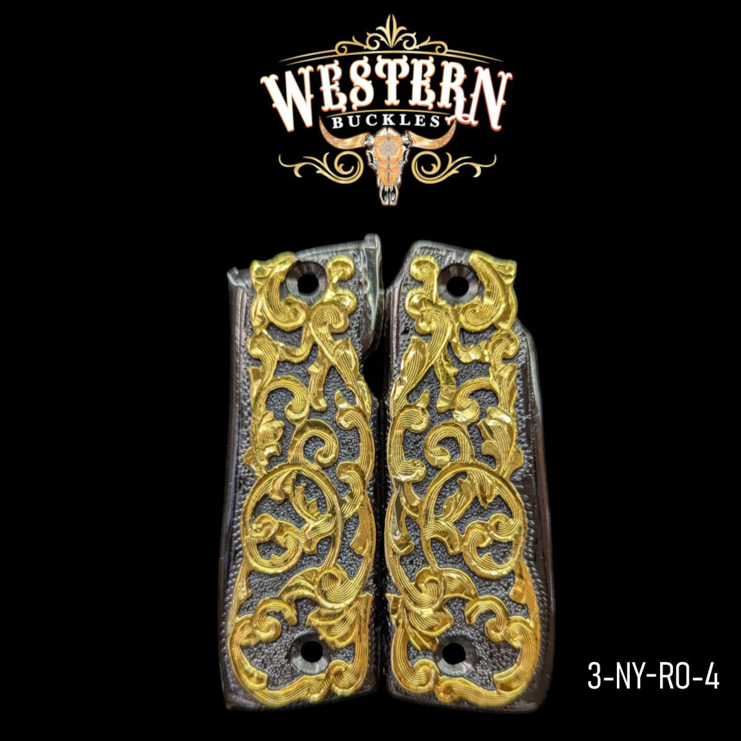 Hand-Engraved Custom Grips for the Colt Mustang .380 Plus — 24K Gold-Plated &amp; Black Nickel