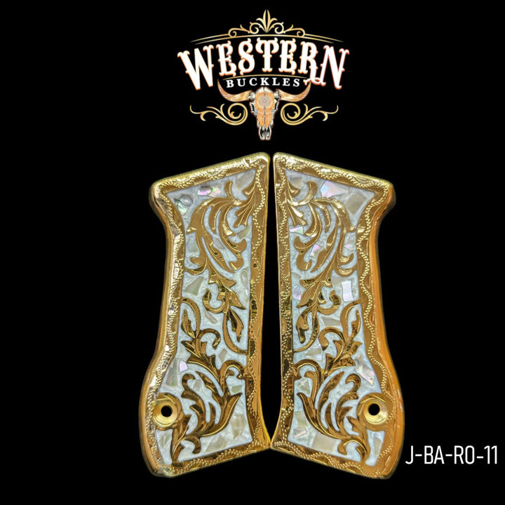 Hand-Engraved Custom Grips for the IWI Jericho 941 — 24K Gold-Plated &amp; Mother-of-Pearl