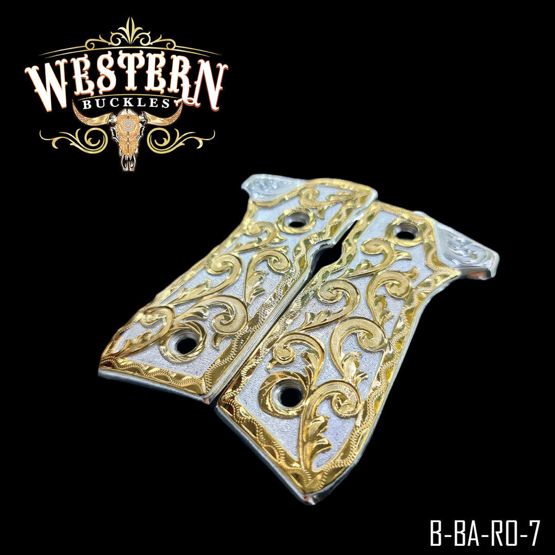 Hand-Engraved Scrollwork Grips for Beretta 92FS — 24K Gold-Plated &amp; Silver-Plated-The Western Buckles