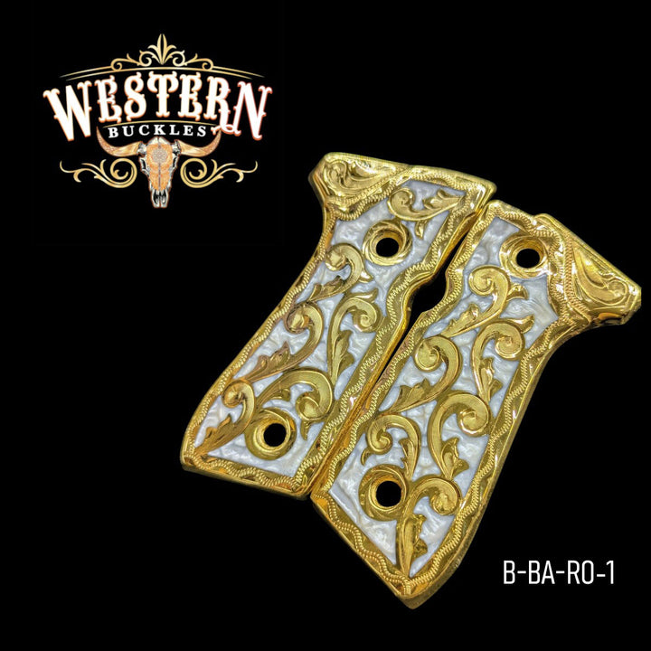 Hand-engraved scrollwork Beretta 92FS grips — detail of the gold-plated openwork and white resin field