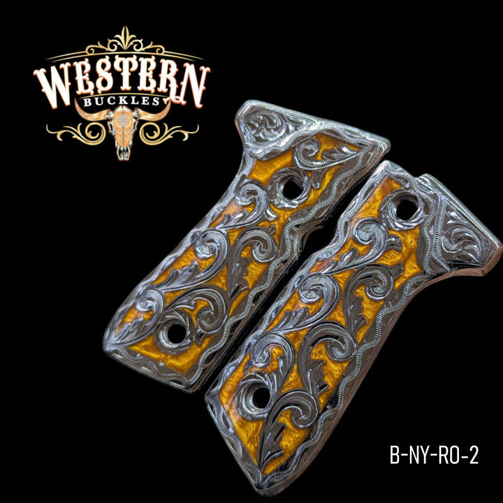 Hand-Engraved Scrollwork Grips for Beretta 92FS — Black Nickel with Artisan Resin
