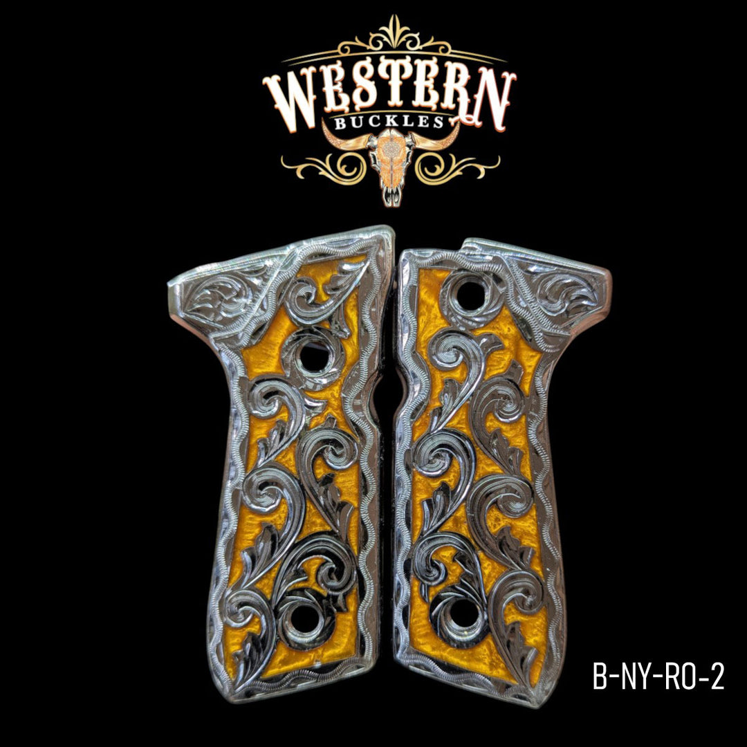 Hand-Engraved Scrollwork Grips for Beretta 92FS — Black Nickel with Artisan Resin