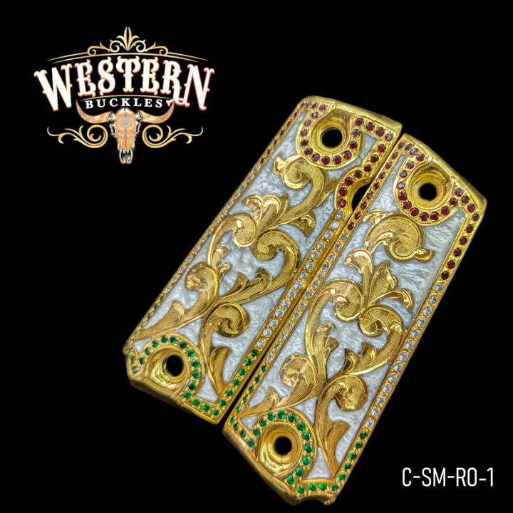Hand-Engraved Scrollwork Grips for Colt 1911 Full-Size — 24K Gold-Plated with Artisan Resin &amp; Zirconia Stones