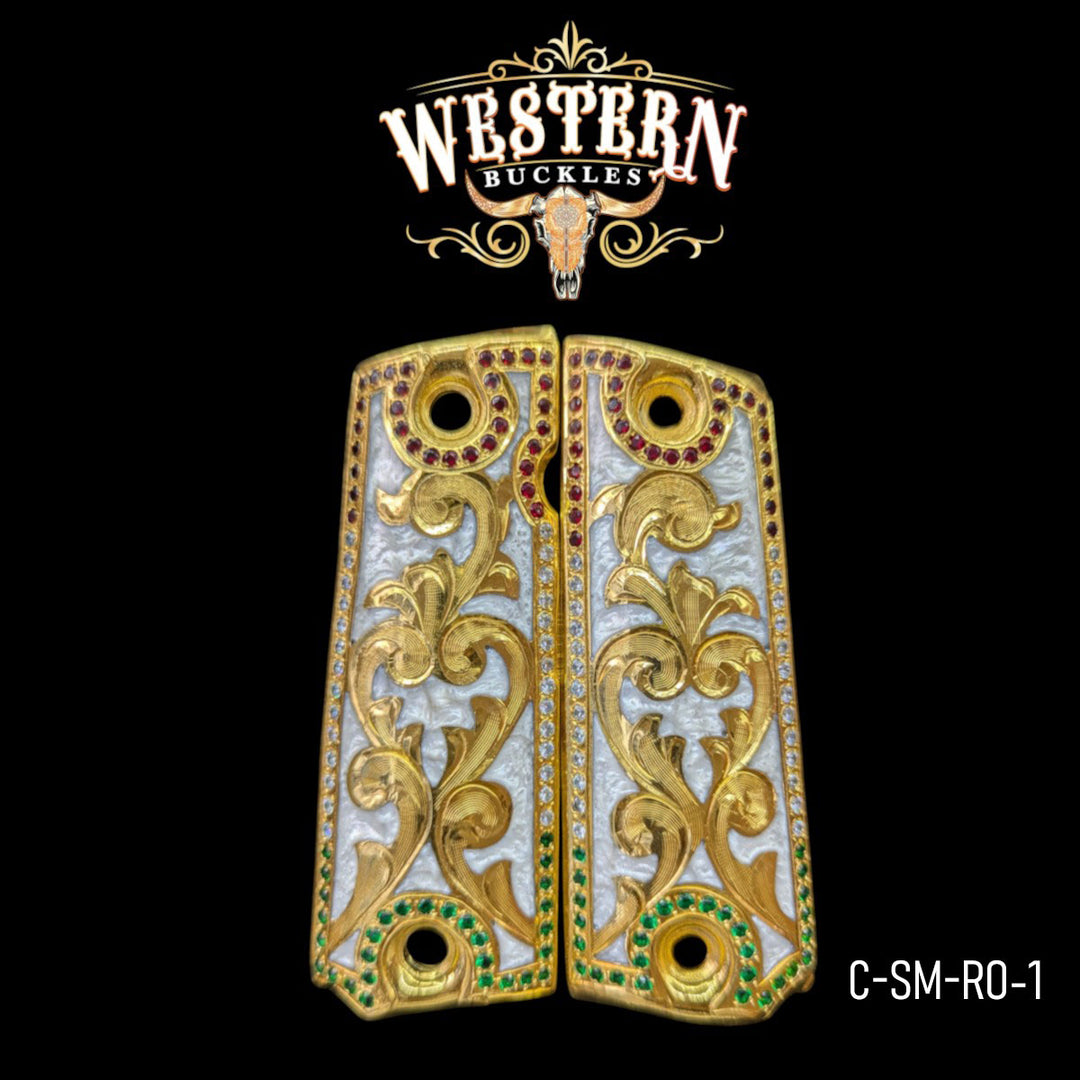 Hand-Engraved Scrollwork Grips for Colt 1911 Full-Size — 24K Gold-Plated with Artisan Resin &amp; Zirconia Stones