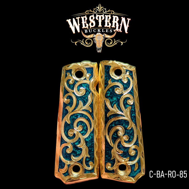 Hand-Engraved Scrollwork Grips for Colt 1911 Full-Size — 24K Gold-Plated with Light Green Artisan Resin-The Western Buckles
