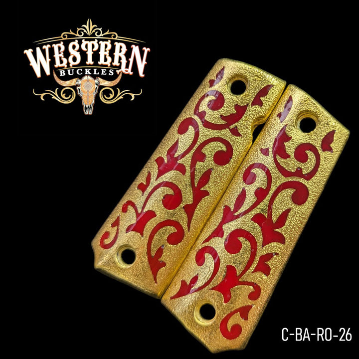 Hand-Engraved Scrollwork Grips for Colt 1911 Full-Size — 24K Gold-Plated with Red Artisan Resin