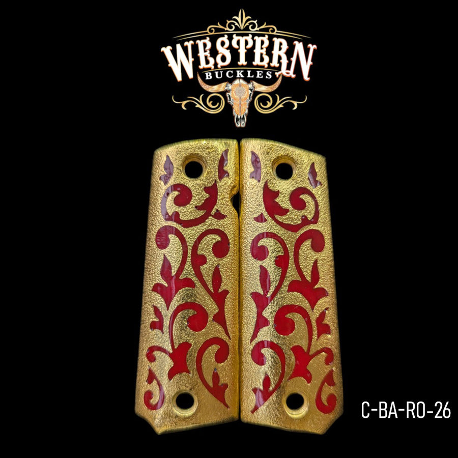 Hand-Engraved Scrollwork Grips for Colt 1911 Full-Size — 24K Gold-Plated with Red Artisan Resin