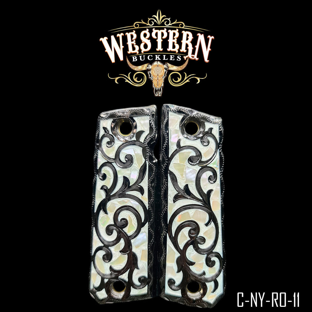 Hand-Engraved Scrollwork Grips for Colt 1911 Full-Size — Black Nickel with Mother-of-Pearl