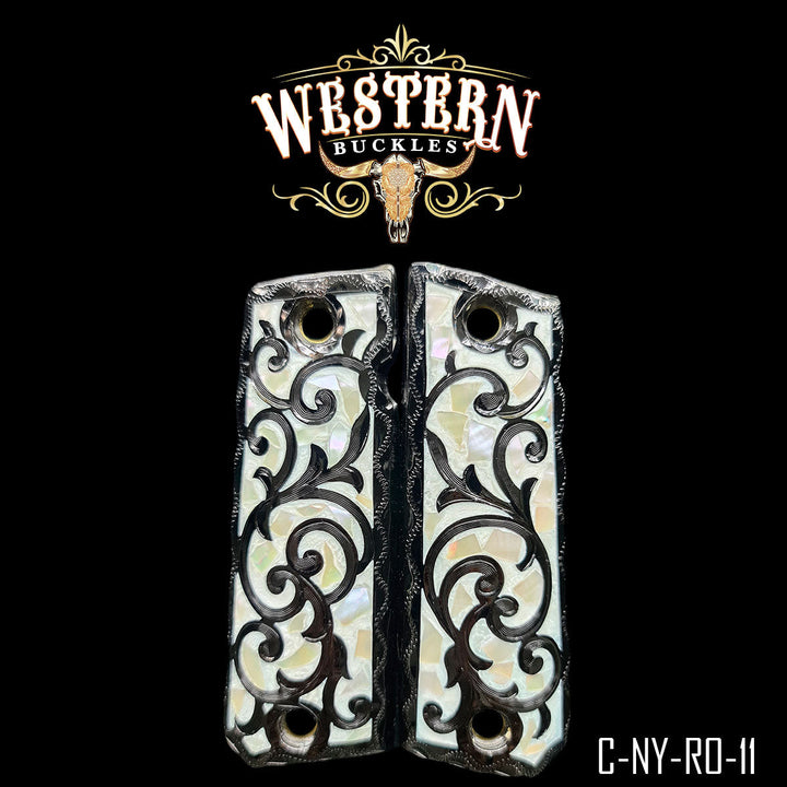 Hand-Engraved Scrollwork Grips for Colt 1911 Full-Size — Black Nickel with Mother-of-Pearl