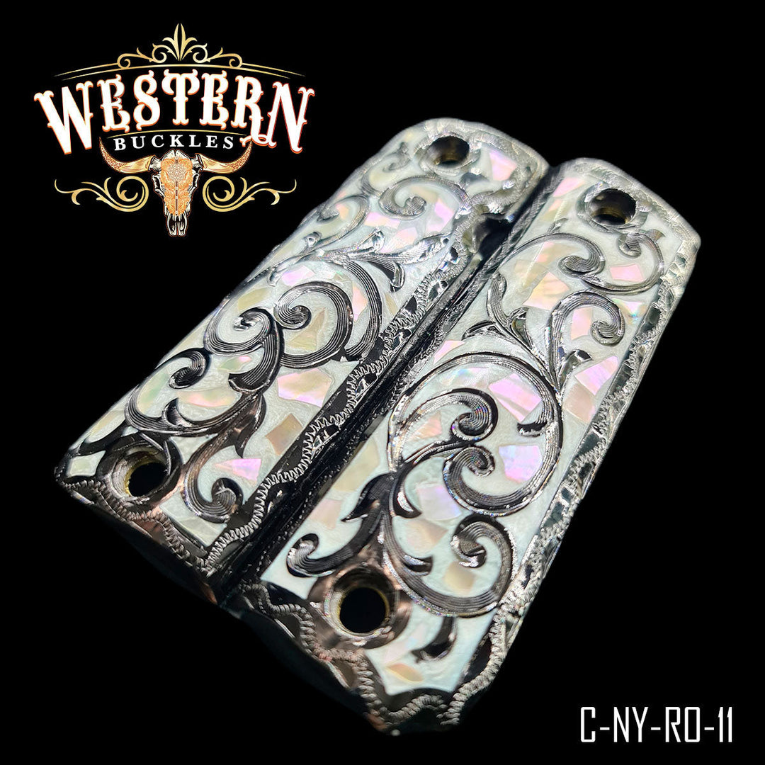 1Hand-Engraved Scrollwork Grips for Colt 1911 Full-Size — Black Nickel with Mother-of-Pearl