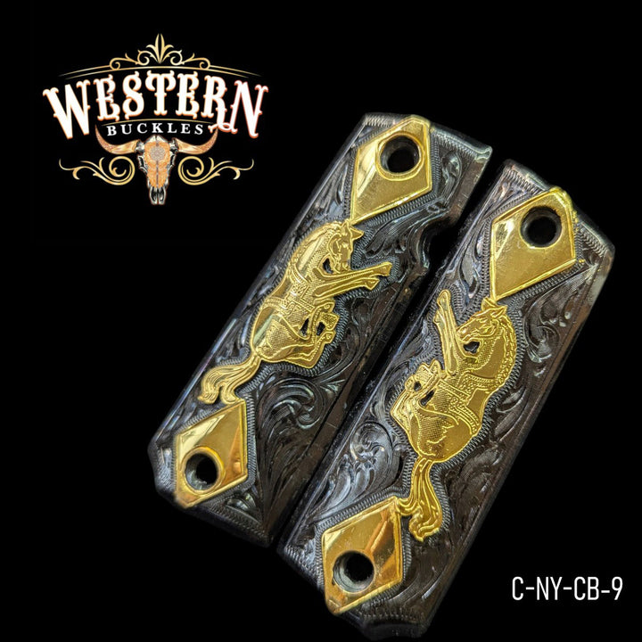 Horse Custom Grips for Colt 1911 Full-Size — 24K Gold-Plated &amp; Black Nickel