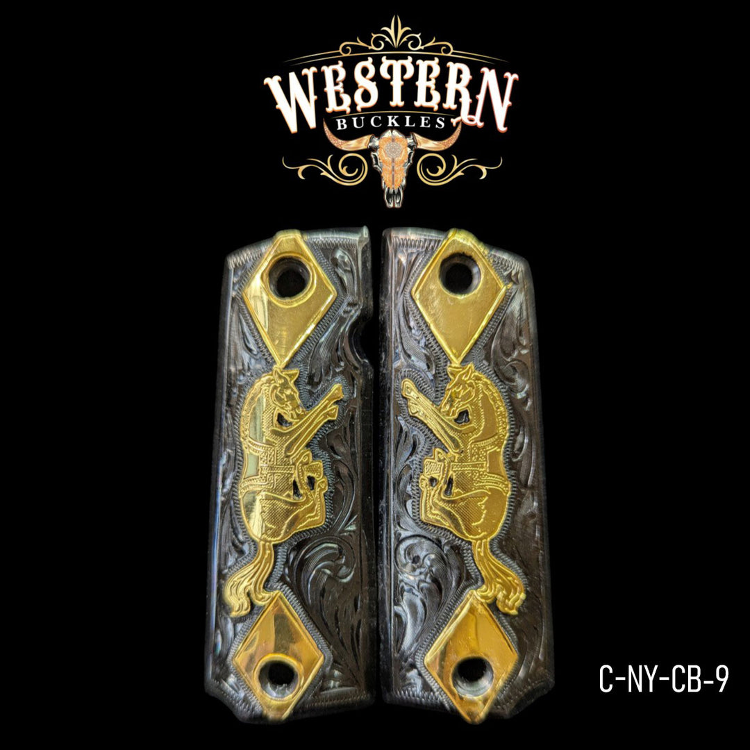 Horse Custom Grips for Colt 1911 Full-Size — 24K Gold-Plated & Black Nickel