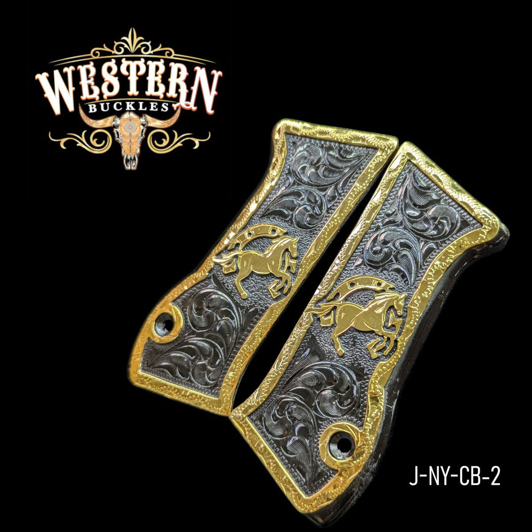 Horse Custom Grips for the IWI Jericho 941 — 24K Gold-Plated &amp; Black Nickel-The Western Buckles