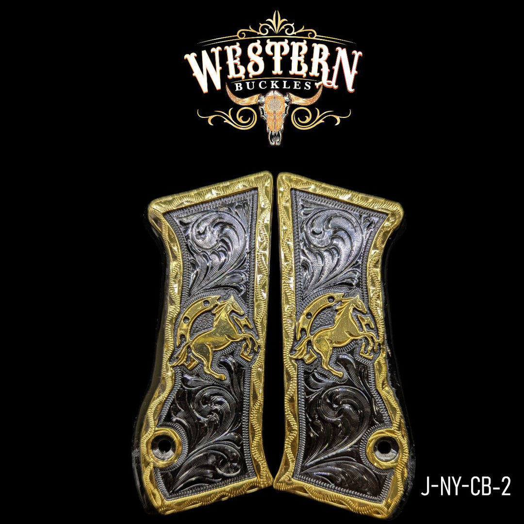 Horse Custom Grips for the IWI Jericho 941 — 24K Gold-Plated &amp; Black Nickel-The Western Buckles