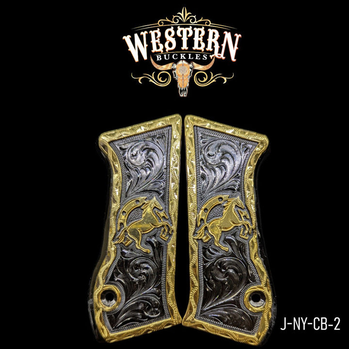 Horse Custom Grips for the IWI Jericho 941 — 24K Gold-Plated &amp; Black Nickel-The Western Buckles