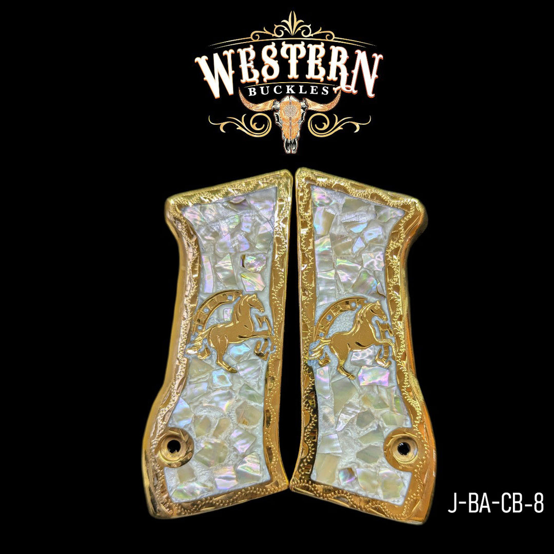 Horse Custom Grips for the IWI Jericho 941 — 24K Gold-Plated &amp; Silver-Plated &amp; Mother-of-Pearl