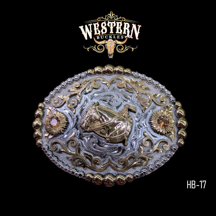 Horse Trophy Belt Buckle -Gold and Silver-The Western Buckles