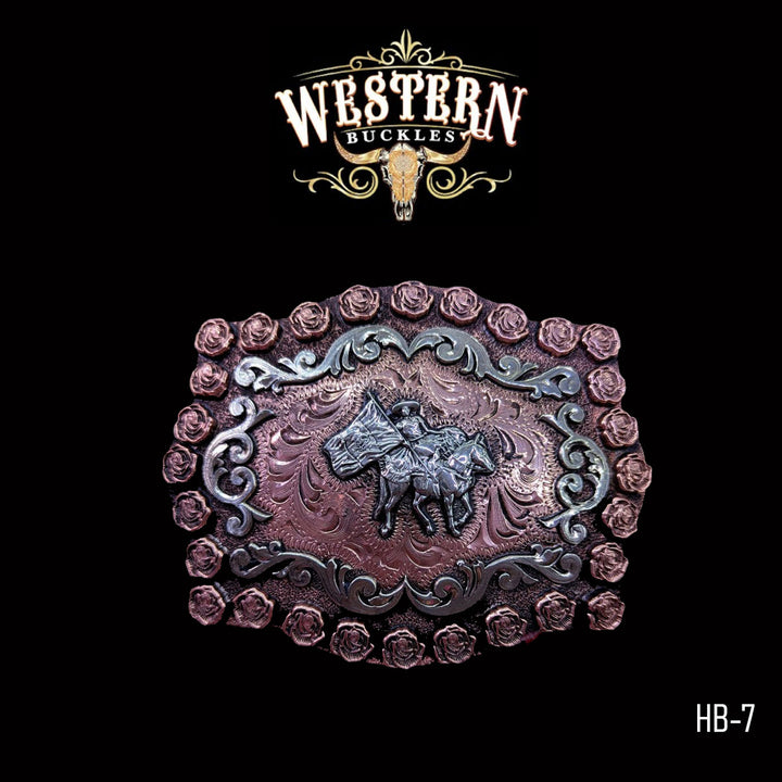 Horseman Trophy Belt Buckle- Silver and Rose Gold-The Western Buckles