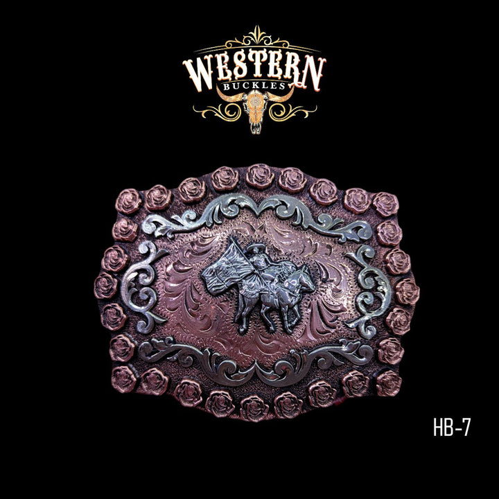 Horseman Trophy Belt Buckle- Silver and Rose Gold-The Western Buckles