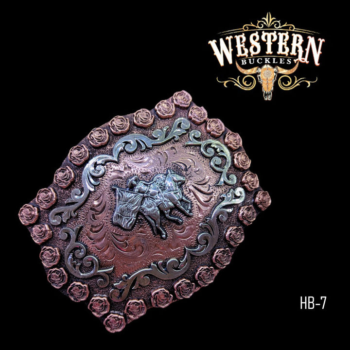 Horseman Trophy Belt Buckle- Silver and Rose Gold-The Western Buckles
