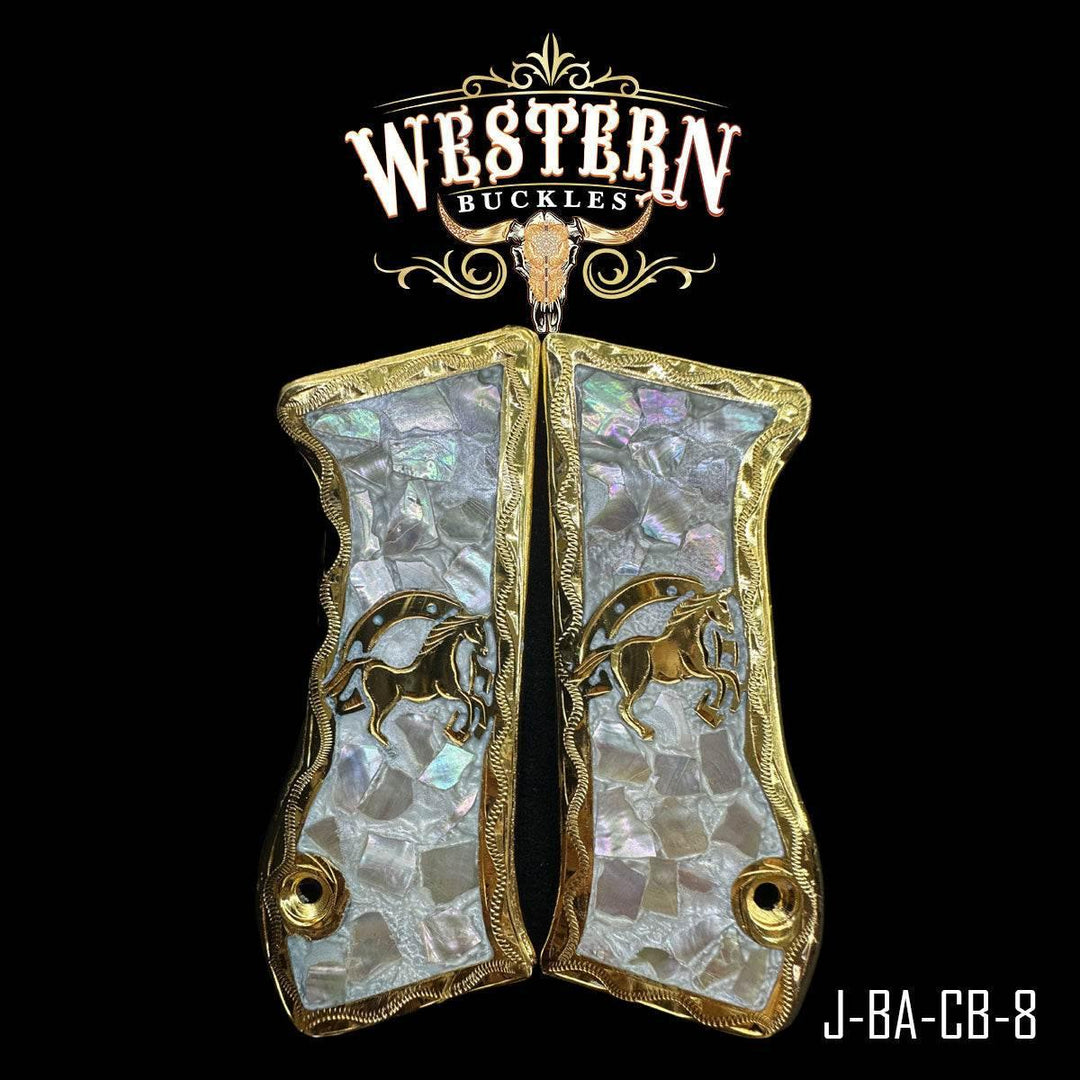 Mother of pearl Colt 1911 pistol grips with gold horse inlay, decorative western style.