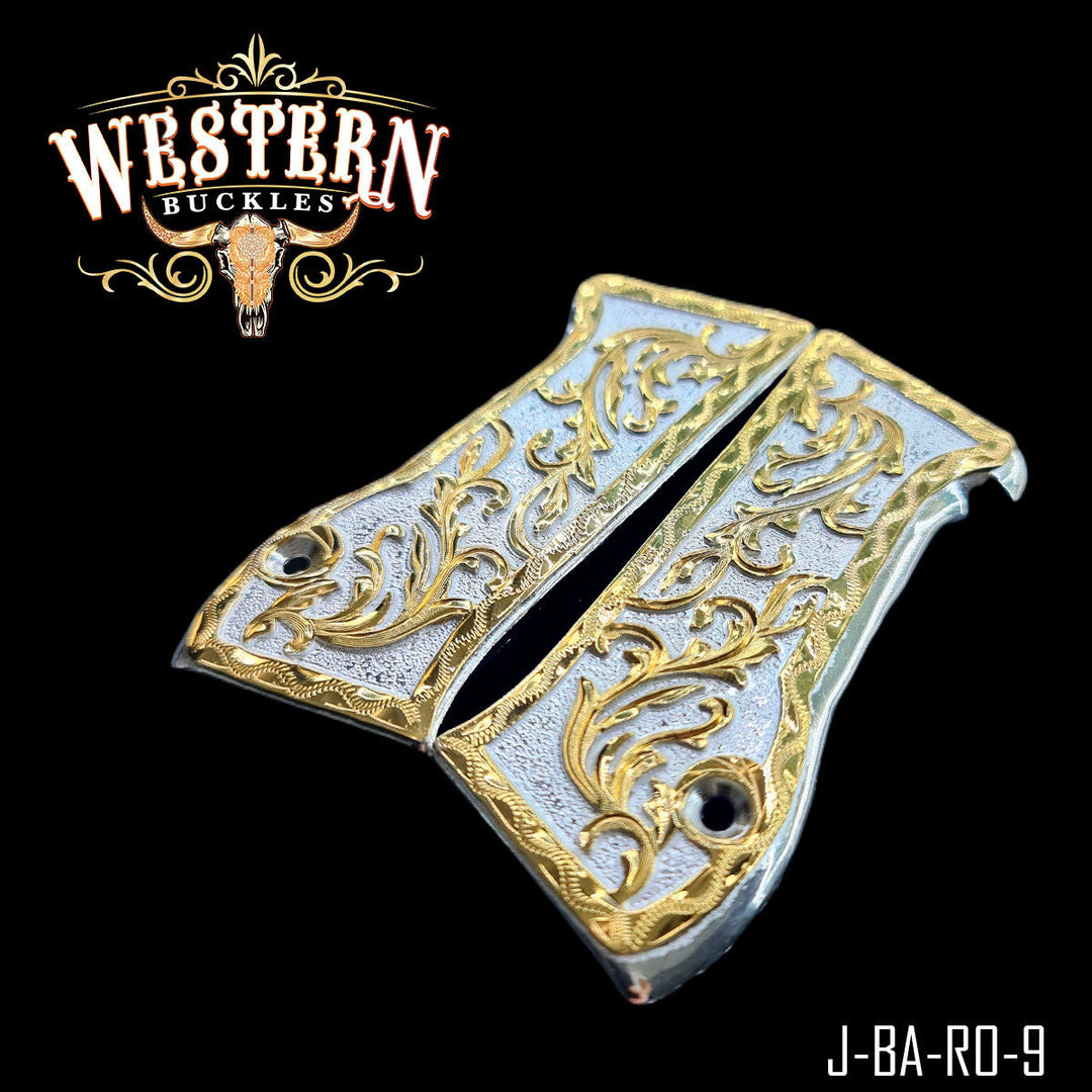 Cachas — Hand-Engraved | 24K Gold Plated — Detail View | Western Buckles Handcrafted | SKU J-BA-RO-9