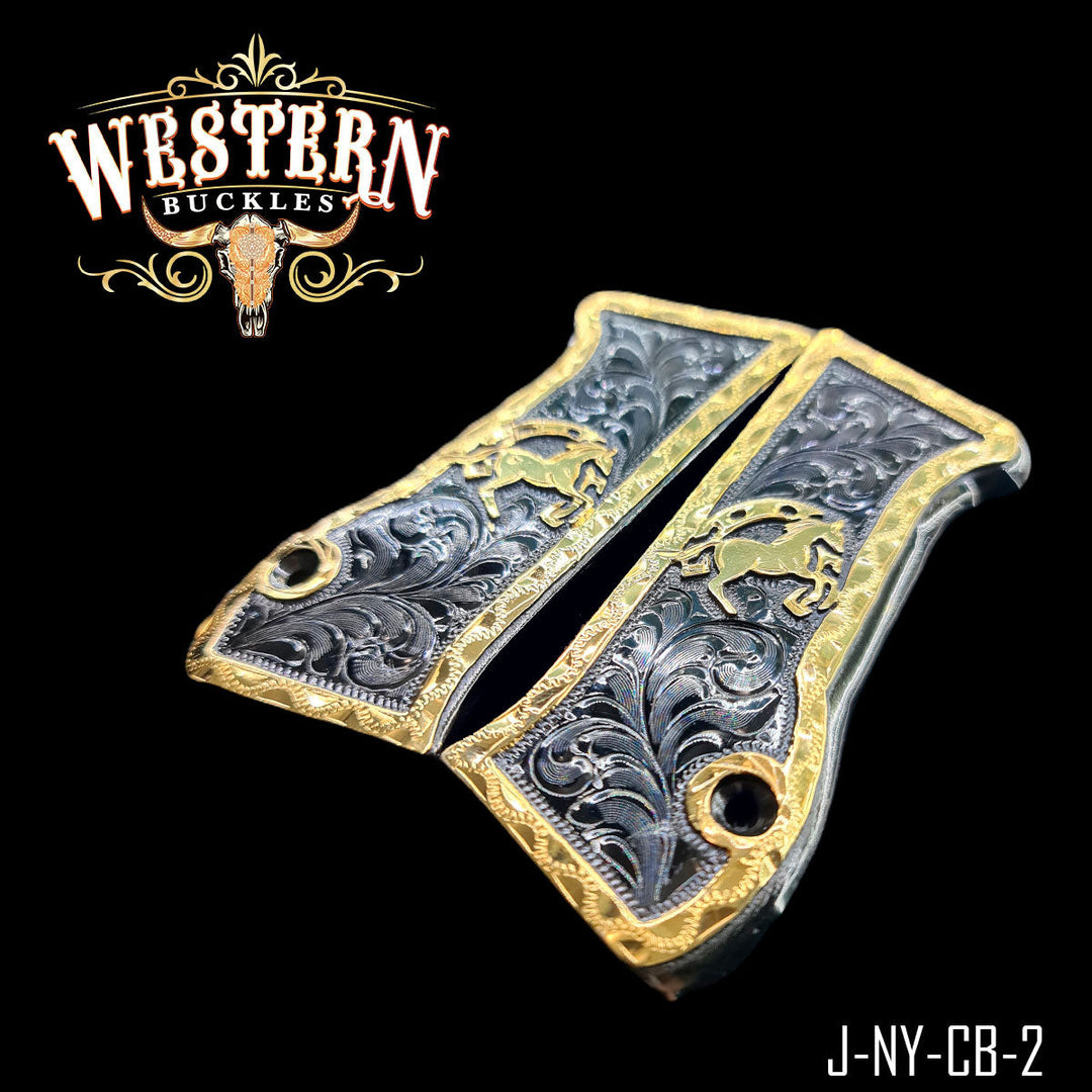 Horse Gun Grips — Hand-Engraved — Detail View | Western Buckles Handcrafted | SKU J-NY-CB-2