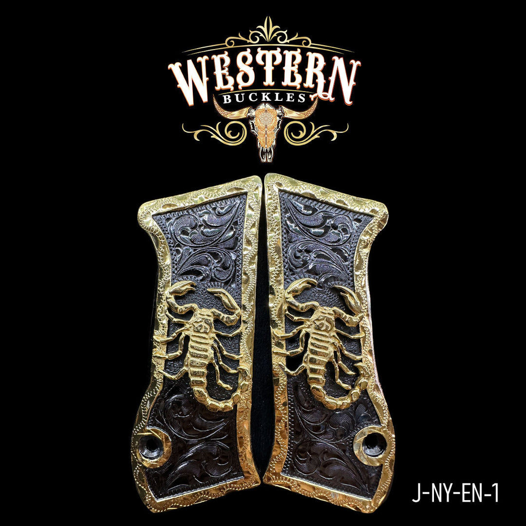 Scorpion Gun Grips — Nickel | Handcrafted by Western Buckles | SKU J-NY-EN-1