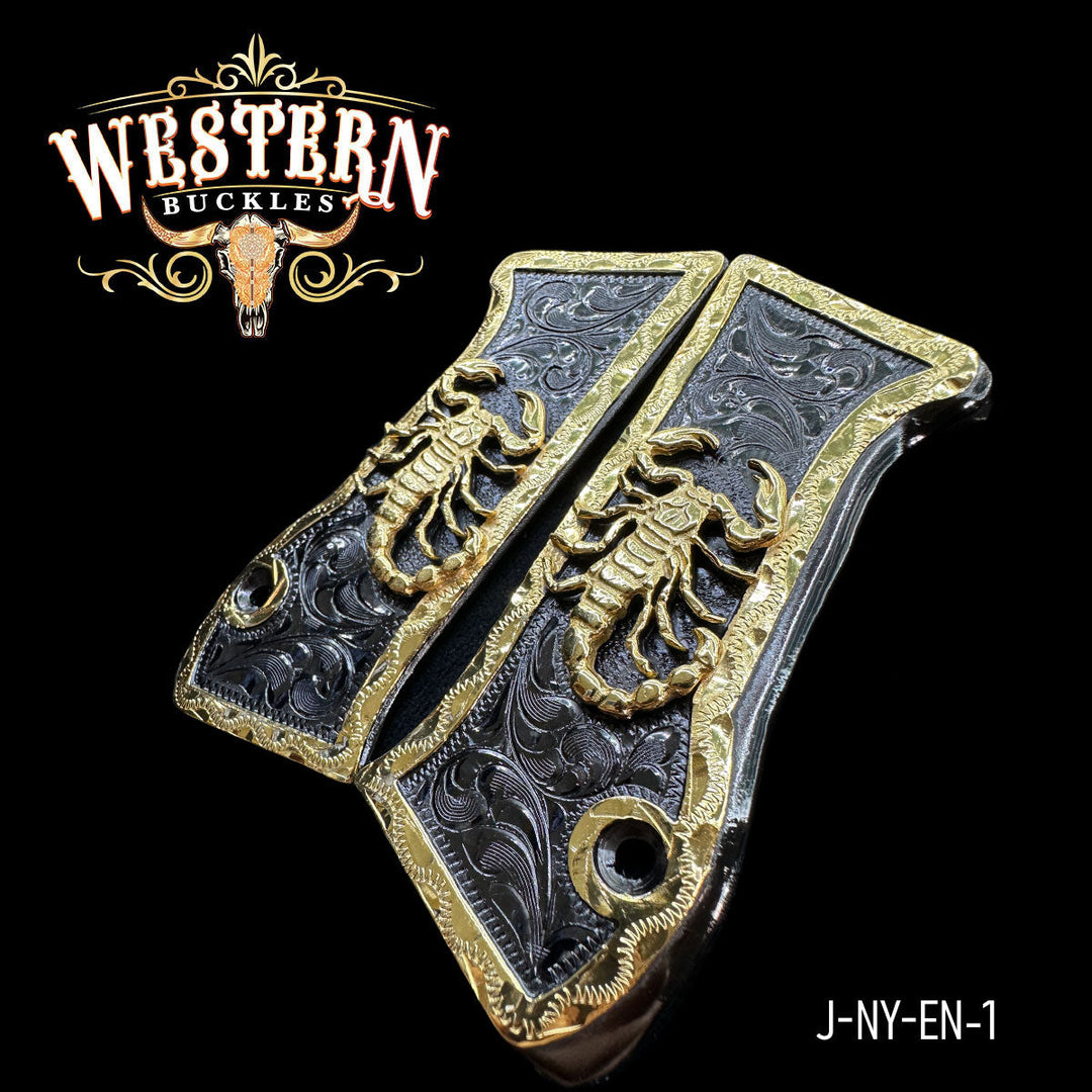 Scorpion Gun Grips — Nickel — Detail View | Western Buckles Handcrafted | SKU J-NY-EN-1