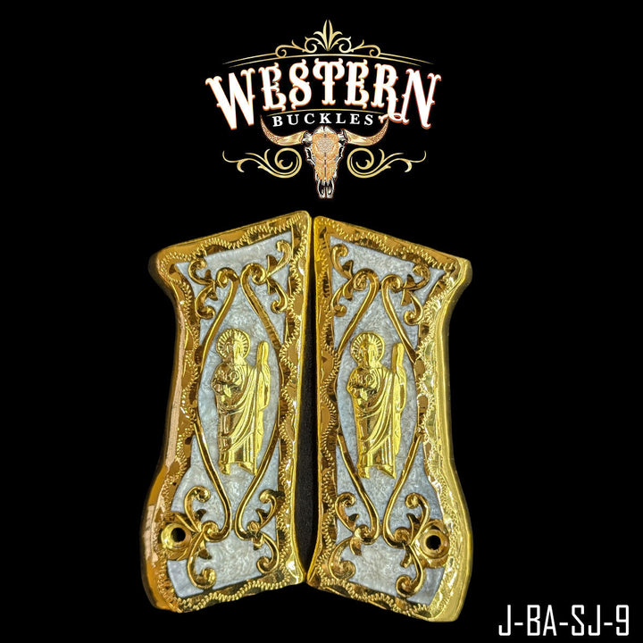 Jericho 941 Grips San Judas White Resin and Gold-The Western Buckles