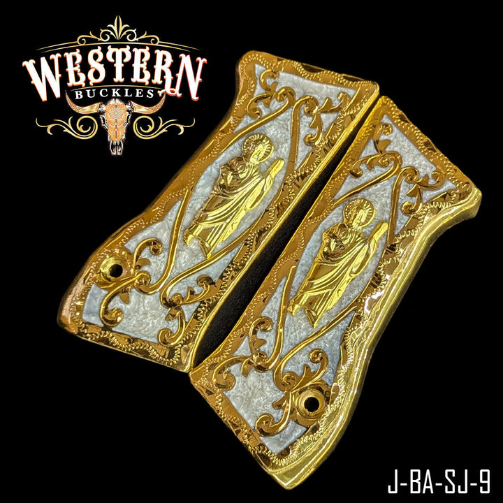Jericho 941 Grips San Judas White Resin and Gold-The Western Buckles