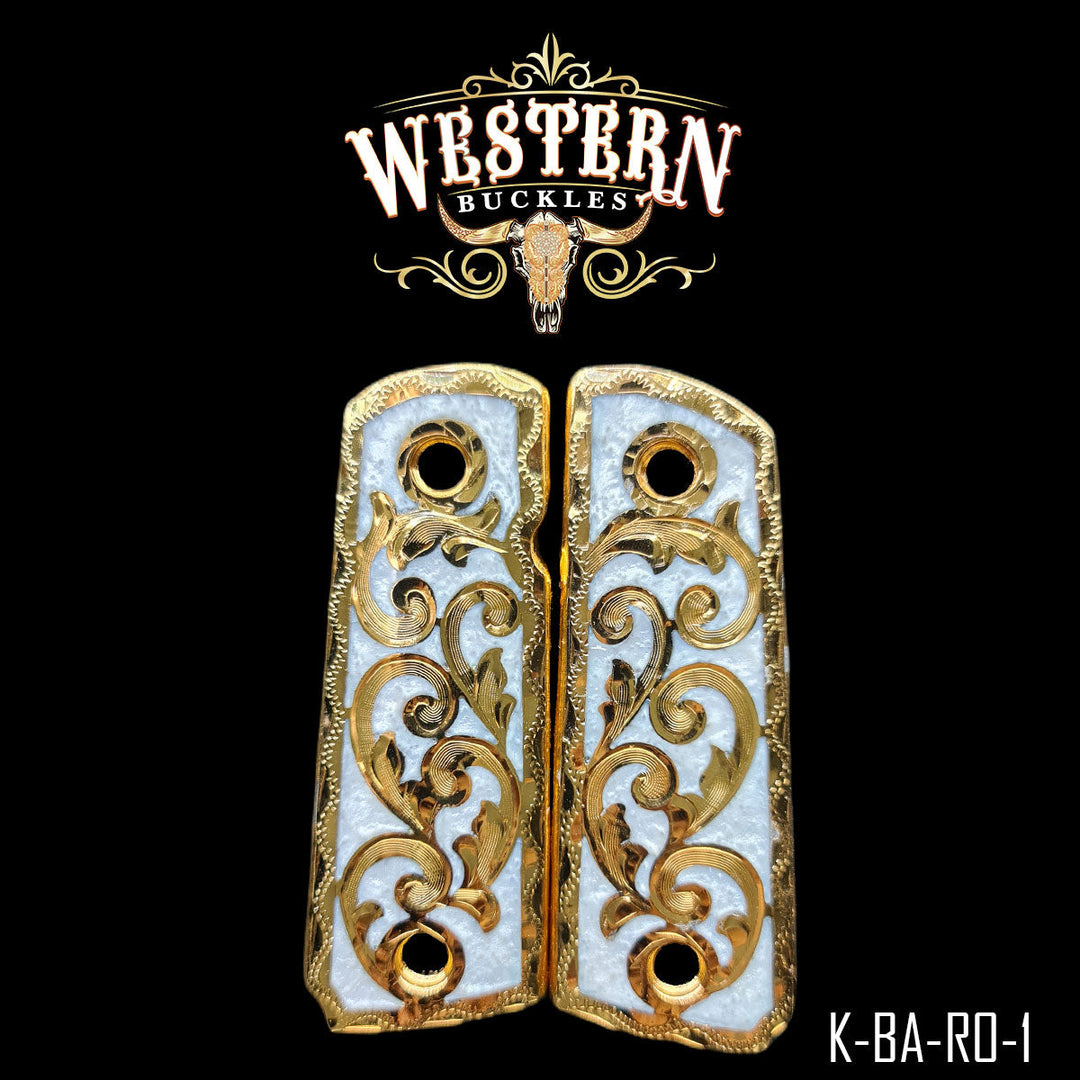 Colt 1911 Floral Gun Grips — Hand-Engraved | Handcrafted by Western Buckles | SKU K-BA-RO-1