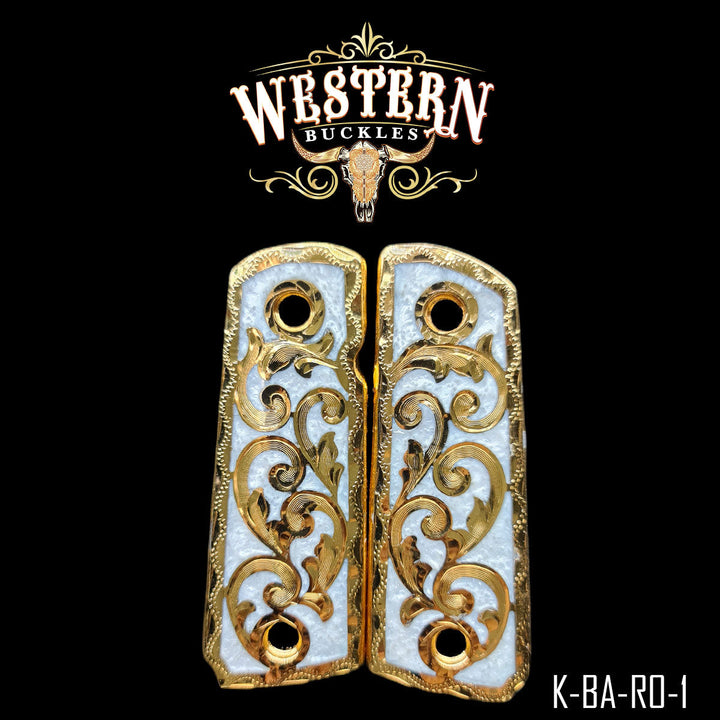 Colt 1911 Floral Gun Grips — Hand-Engraved | Handcrafted by Western Buckles | SKU K-BA-RO-1