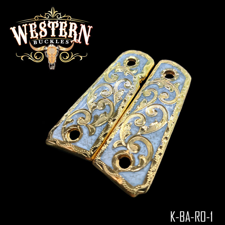 Colt 1911 Floral Gun Grips — Hand-Engraved — Detail View | Western Buckles Handcrafted | SKU K-BA-RO-1
