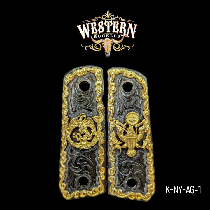 Eagle Custom Grips for the Colt 1911 Compact &amp; Defender — 24K Gold-Plated &amp; Black Nickel
