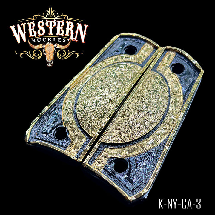 Colt 1911 Aztec Calendar Cachas — Detail View | Western Buckles Handcrafted | SKU K-NY-CA-3