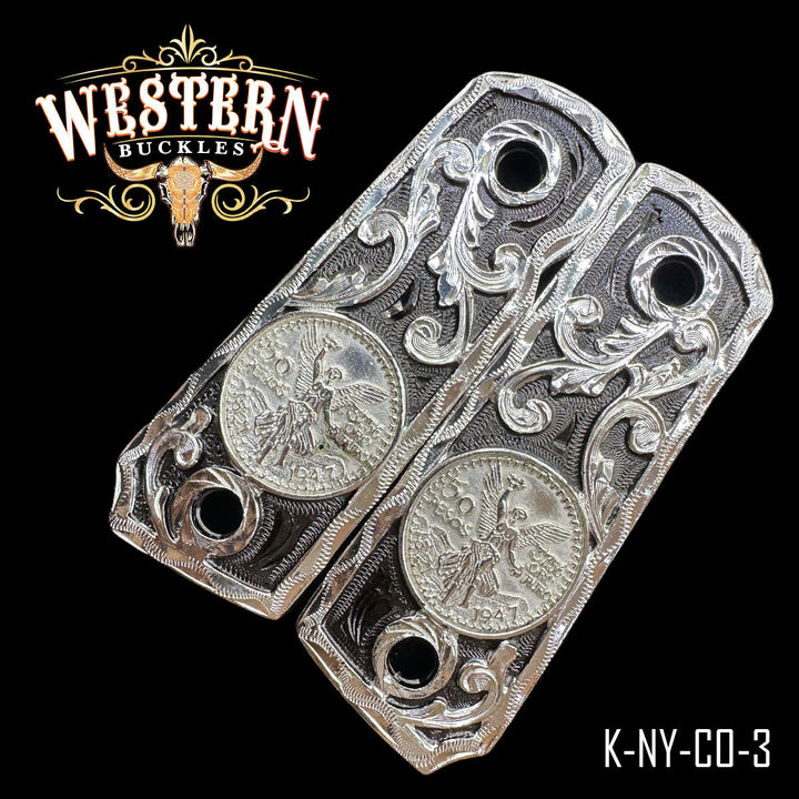 Colt 1911 Centenario Gun Grips — Hand-Engraved — Detail View | Western Buckles Handcrafted | SKU K-NY-CO-3