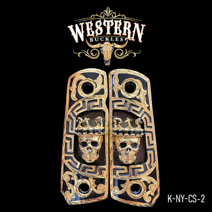 Colt 1911 Skull Gun Grips — Artisan Resin | 24K Gold Plated | Handcrafted by Western Buckles | SKU K-NY-CS-2