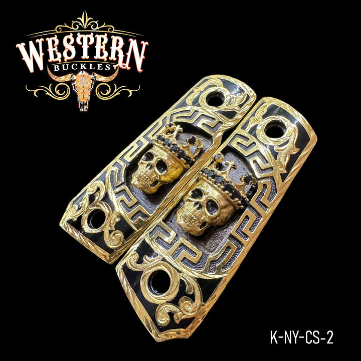 Colt 1911 Skull Gun Grips — Artisan Resin | 24K Gold Plated — Detail View | Western Buckles Handcrafted | SKU K-NY-CS-2
