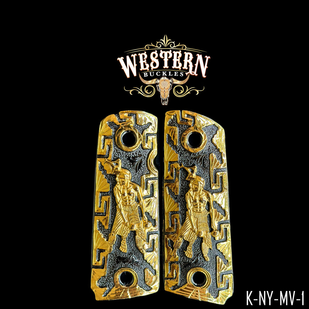 Gold and black engraved 1911 pistol grips with Aztec warrior design on black background